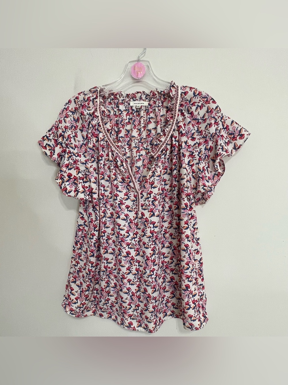 Max Studio Pink Floral Split-Neck Flutter‎ Sleeve Blouse~ Size Small ~ Summer